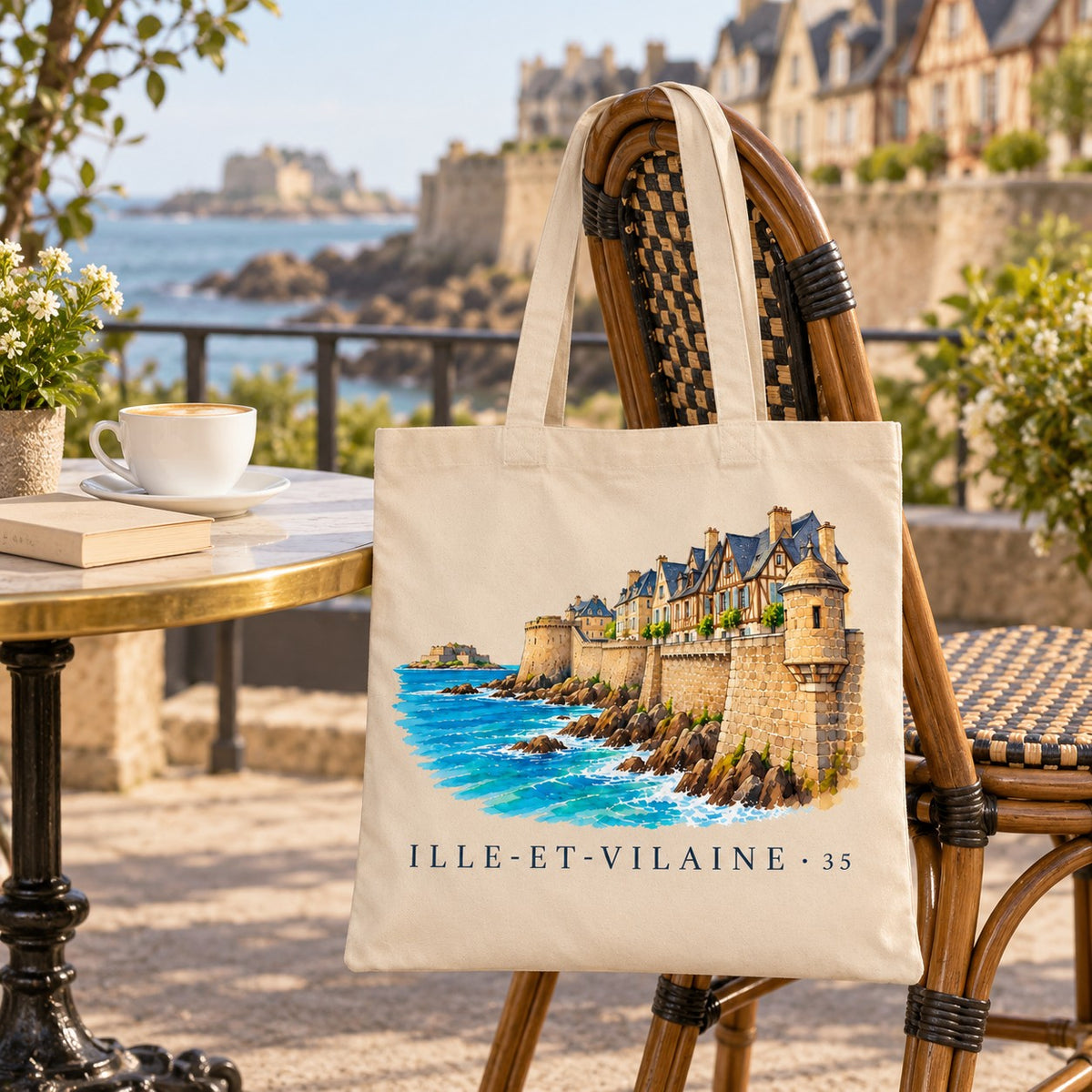 Tote bag Ille-et-Vilaine (35) Essentiel suspendu à une chaise en terrasse face aux remparts, avec un café