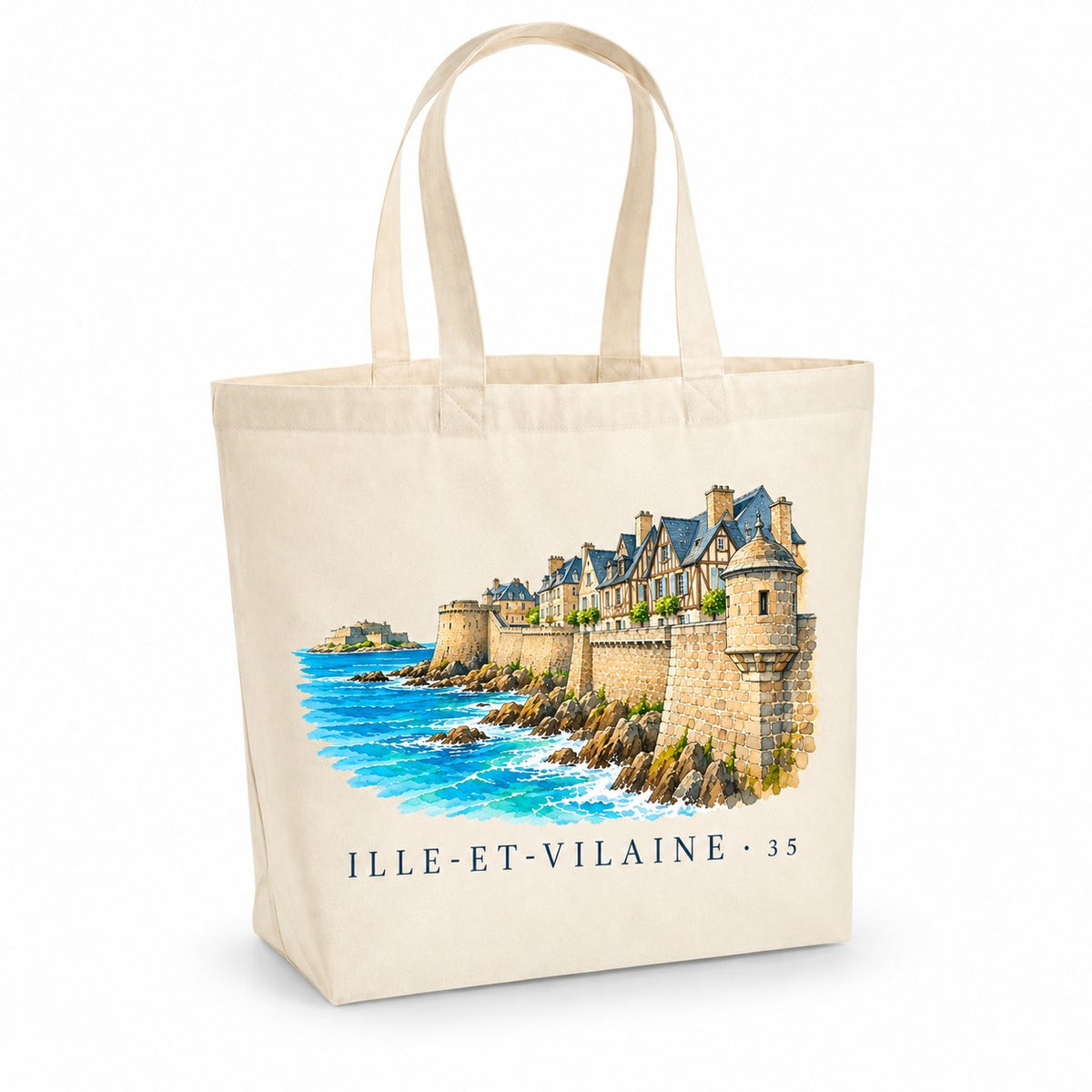 Tote bag Ille-et-Vilaine (35) Premium, cabas à soufflet en coton naturel 200 g/m² de 18 litres, illustration aquarelle des remparts de granit au bord de la mer et des maisons de la vieille ville
