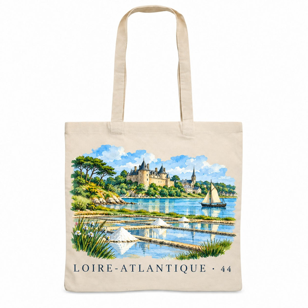 Tote bag Loire-Atlantique (44) Essentiel, sac plat en coton naturel 140 g/m² de 38 × 42 cm, illustration aquarelle des marais salants, de la Loire et d'un château
