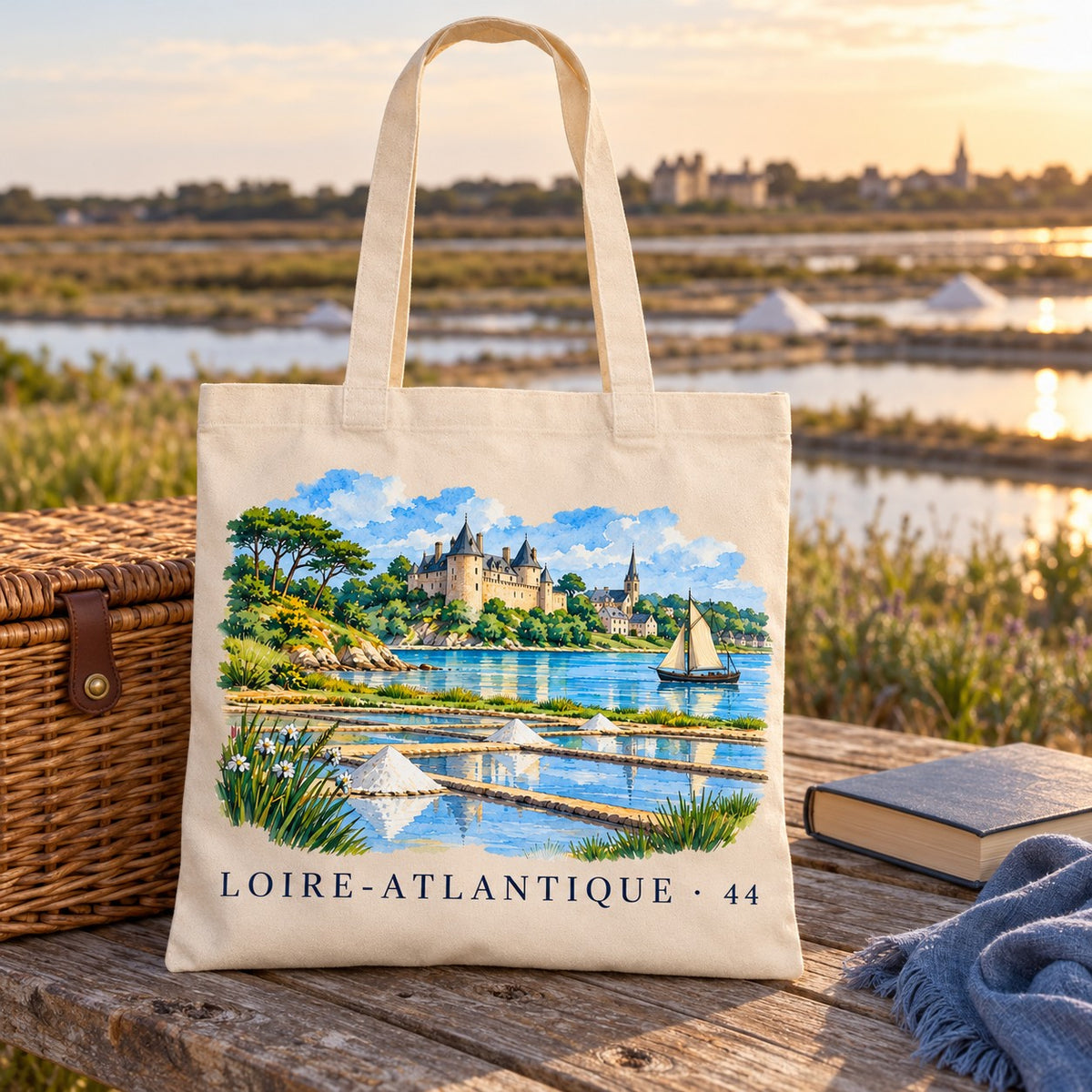 Tote bag Loire-Atlantique (44) Essentiel posé sur une table de pique-nique face aux marais salants au coucher du soleil