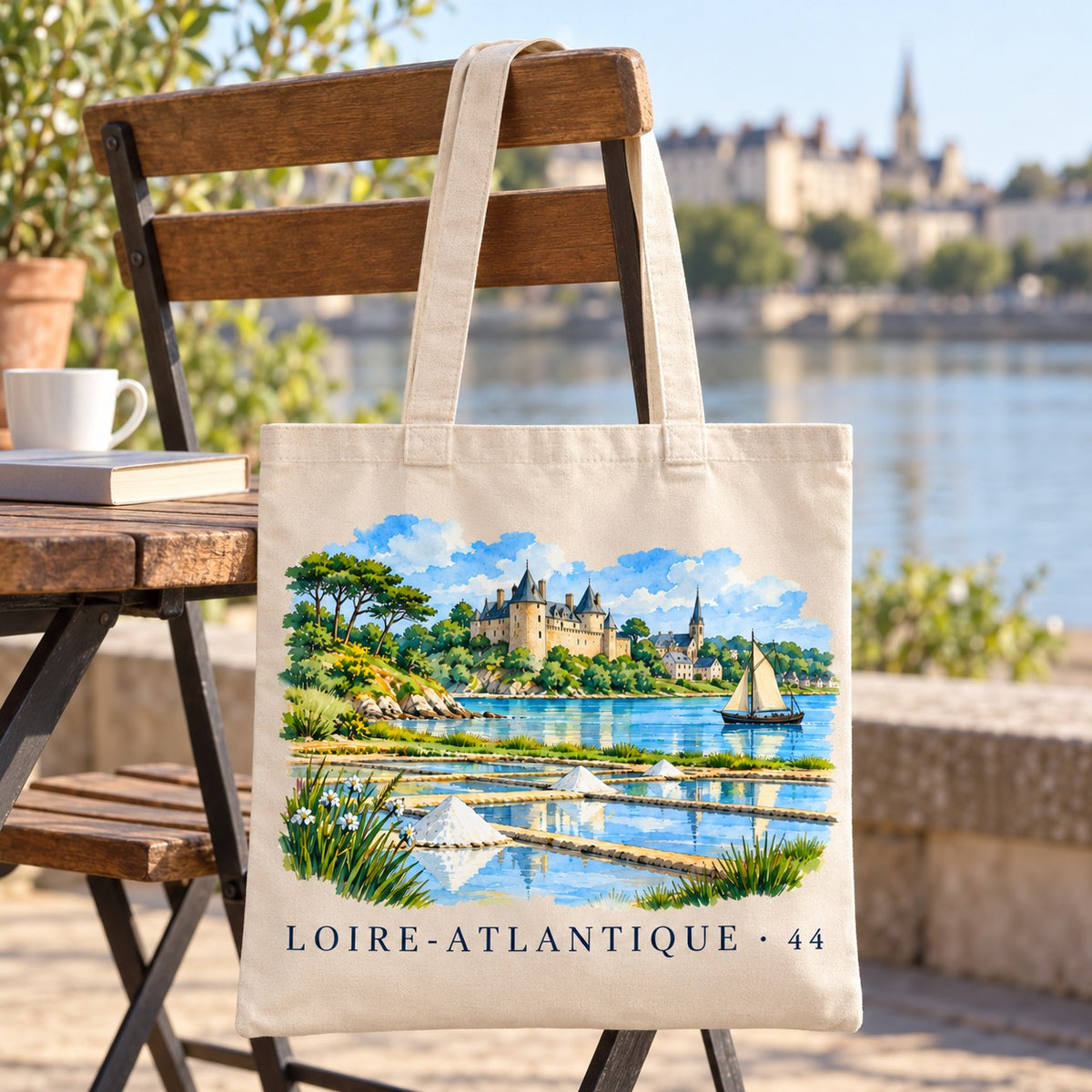 Tote bag Loire-Atlantique (44) Essentiel suspendu à une chaise en terrasse au bord de l'eau, château en arrière-plan, avec un café