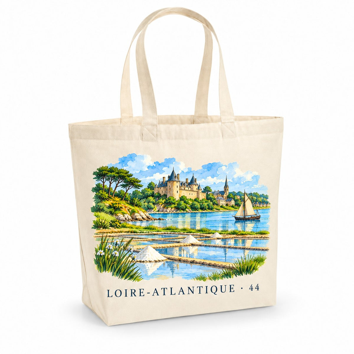 Tote bag Loire-Atlantique (44) Premium, cabas à soufflet en coton naturel 200 g/m² de 18 litres, illustration aquarelle des marais salants, de la Loire et d'un château