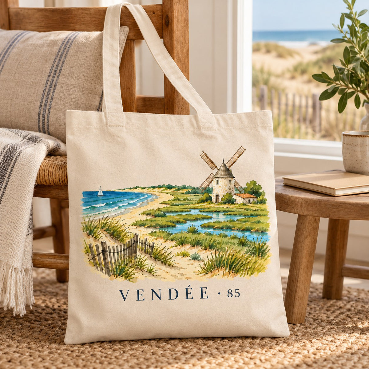 Tote bag Vendée (85) Essentiel posé sur une chaise près d'une fenêtre ouverte sur les dunes