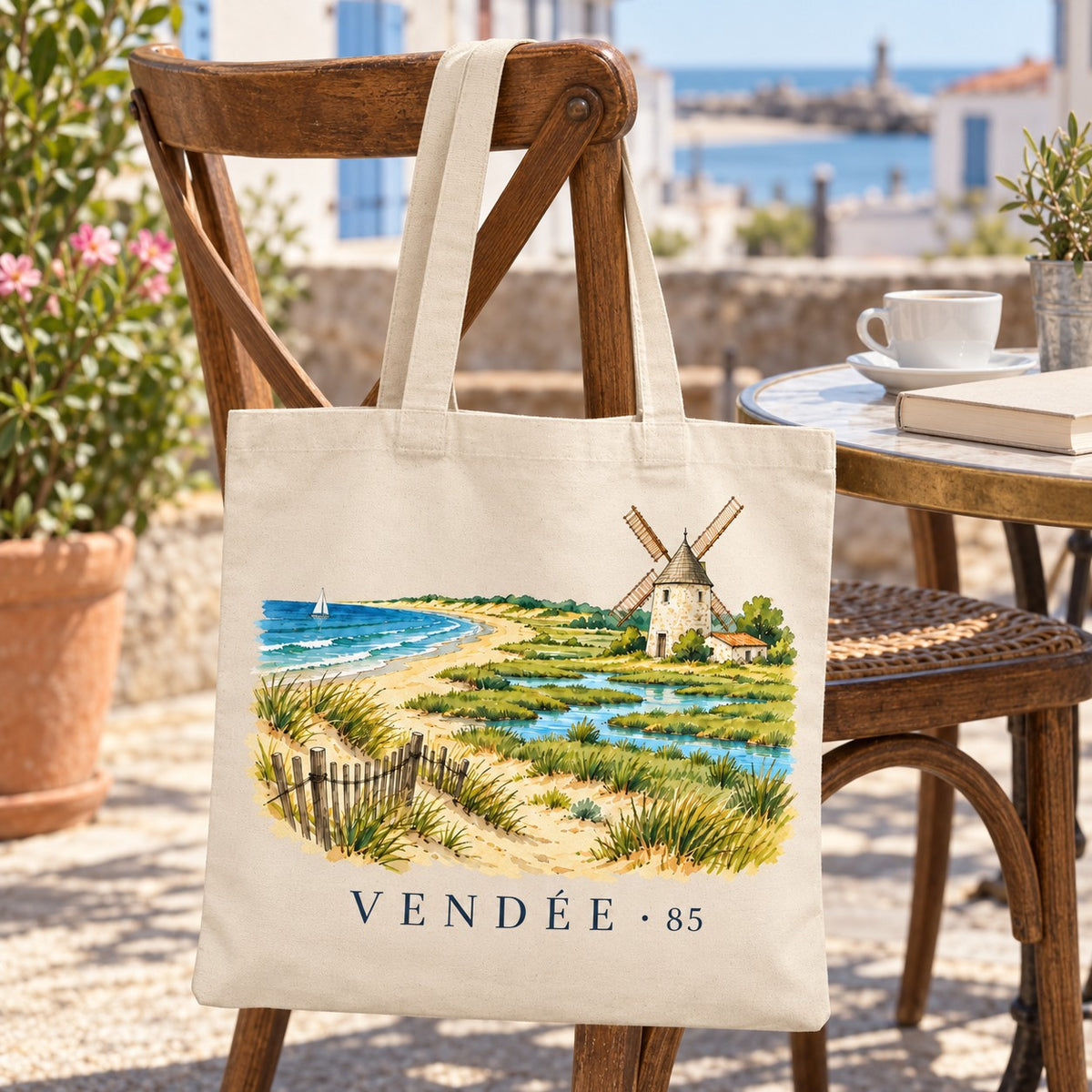 Tote bag Vendée (85) Essentiel suspendu à une chaise en terrasse près de la plage, avec un café