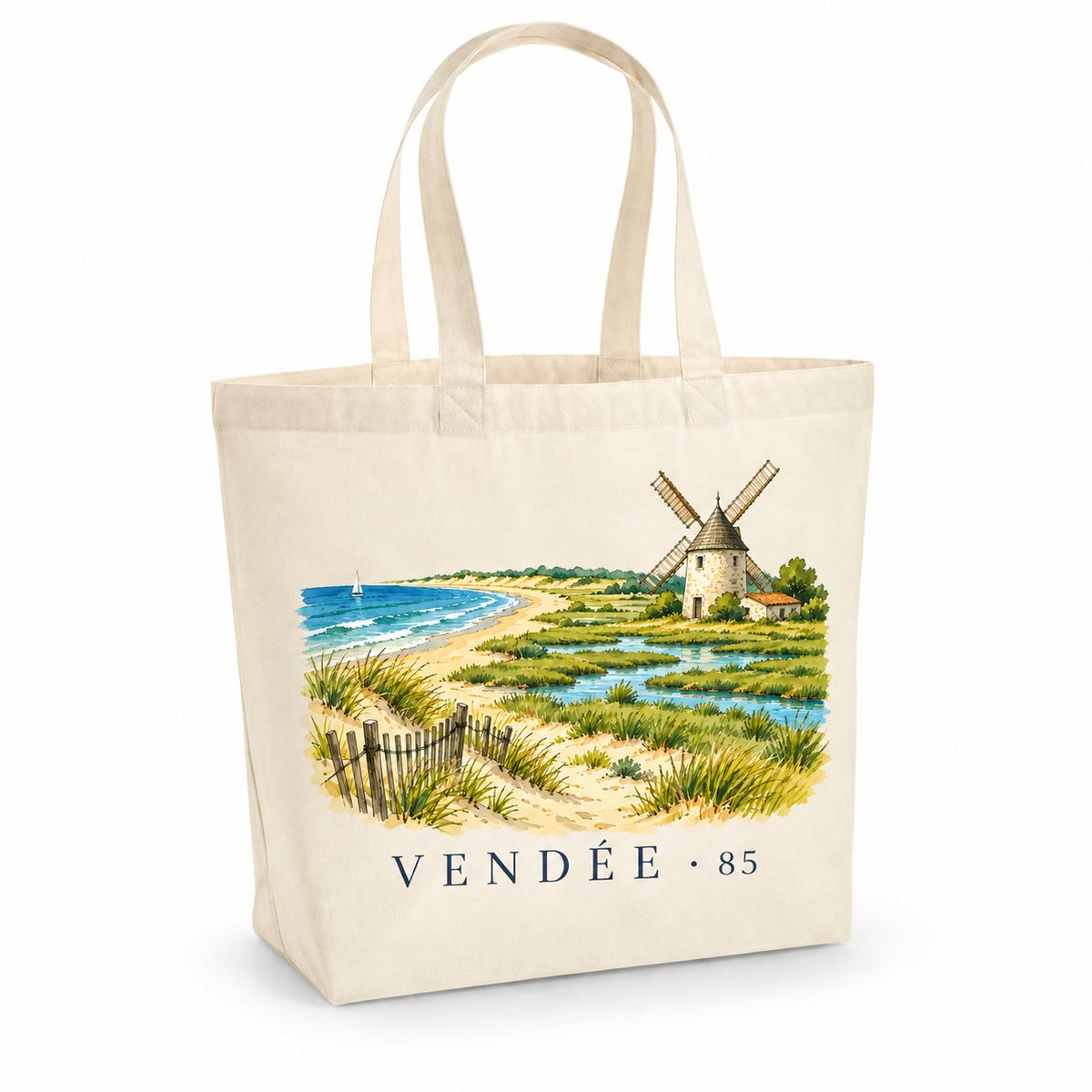 Tote bag Vendée (85) Premium, cabas à soufflet en coton naturel 200 g/m² de 18 litres, illustration aquarelle d'une plage de sable, des marais et d'un moulin