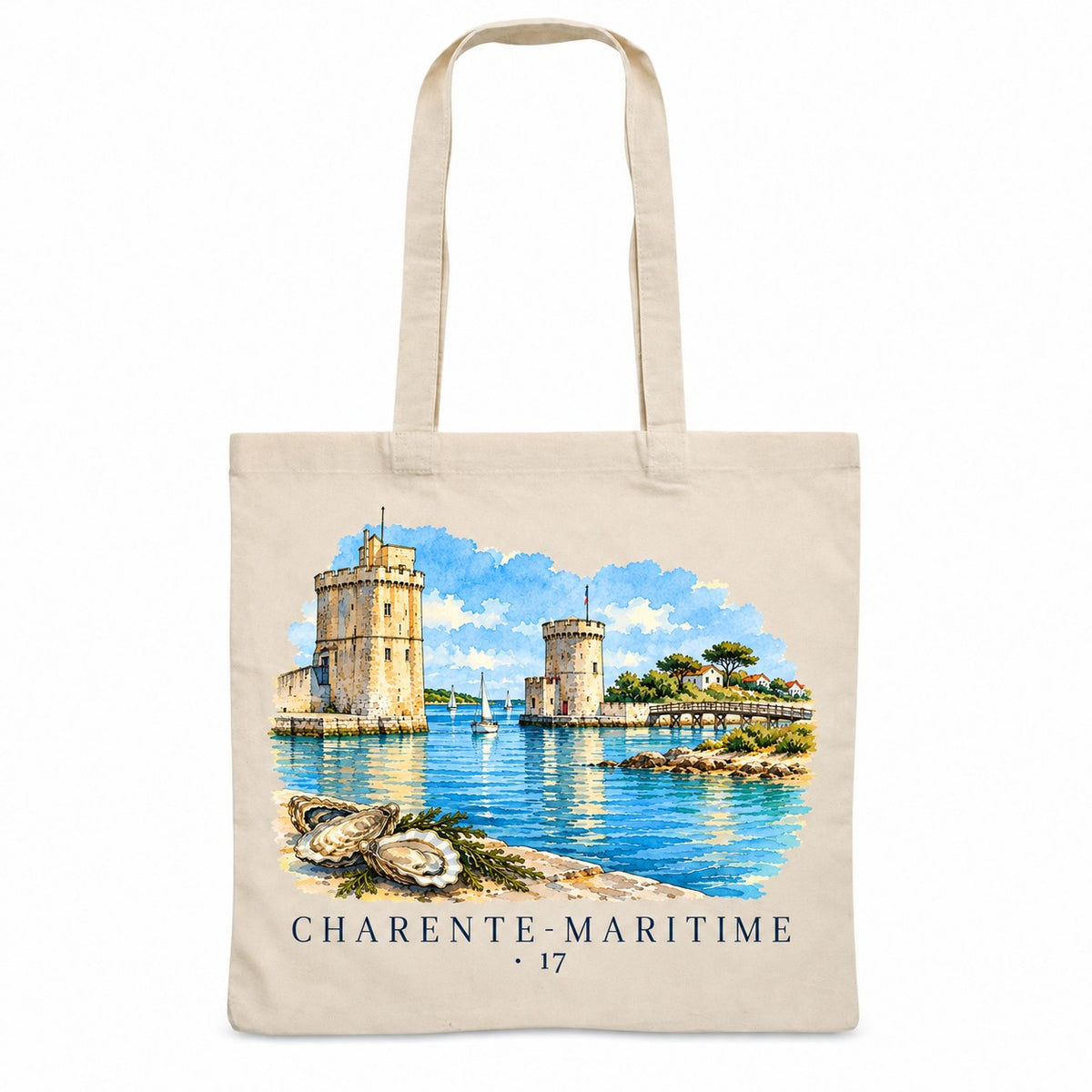 Tote bag Charente-Maritime (17) Essentiel, sac plat en coton naturel 140 g/m² de 38 × 42 cm, illustration aquarelle des tours du vieux port, d'une île et des huîtres