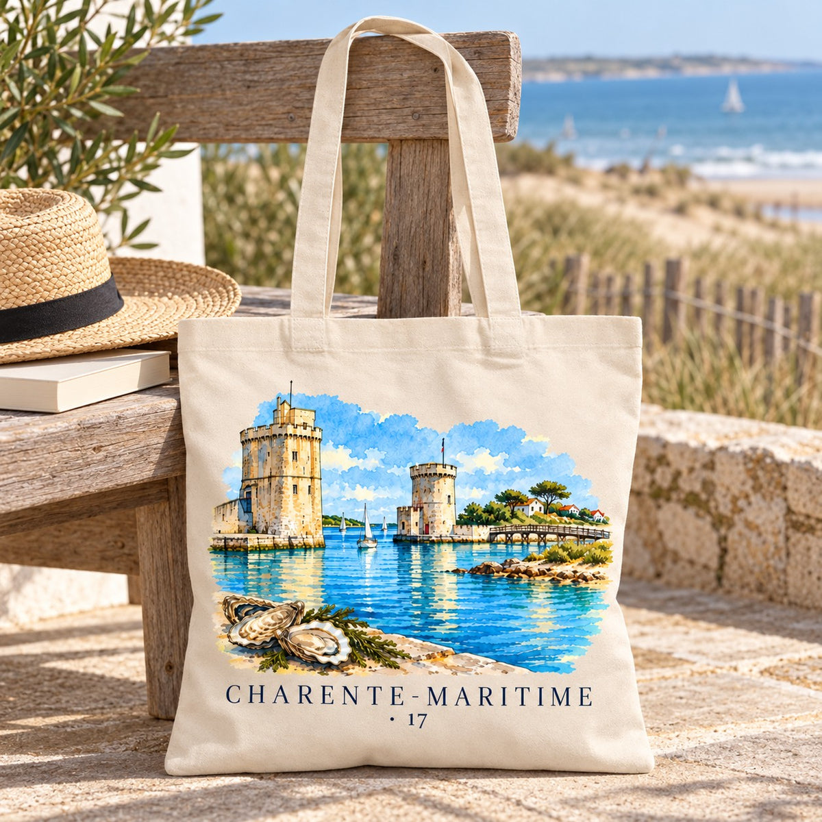 Tote bag Charente-Maritime (17) Essentiel posé sur un banc face à la plage, avec un chapeau de paille et un livre