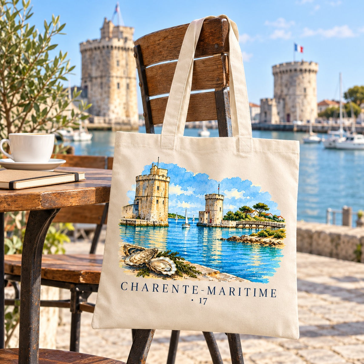 Tote bag Charente-Maritime (17) Essentiel suspendu à une chaise en terrasse face au vieux port et à ses tours, avec un café