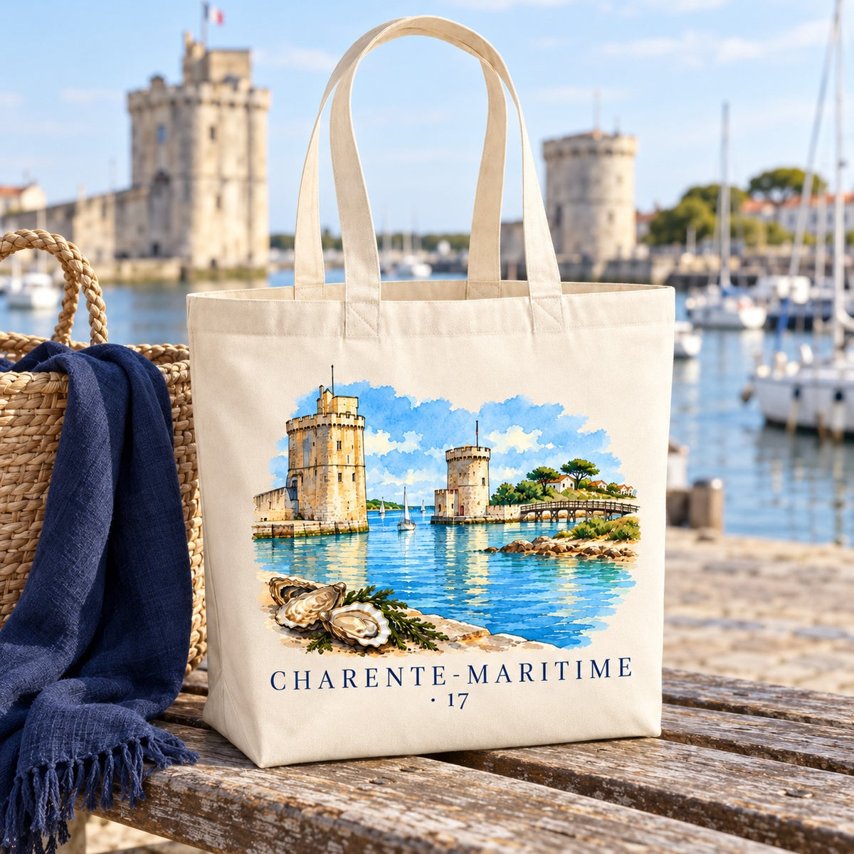 Tote bag Charente-Maritime (17) Premium posé sur un banc face au port, avec un panier et un plaid
