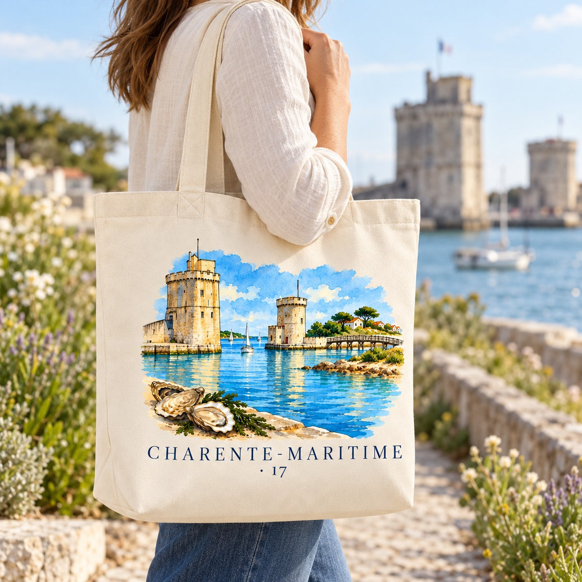 Tote bag Charente-Maritime (17) Premium porté à l'épaule sur le front de mer, tours du port en arrière-plan