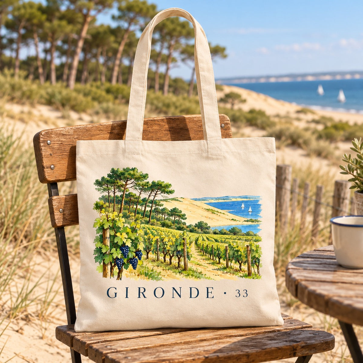 Tote bag Gironde (33) Essentiel suspendu à une chaise en terrasse face à l'océan, au milieu des pins