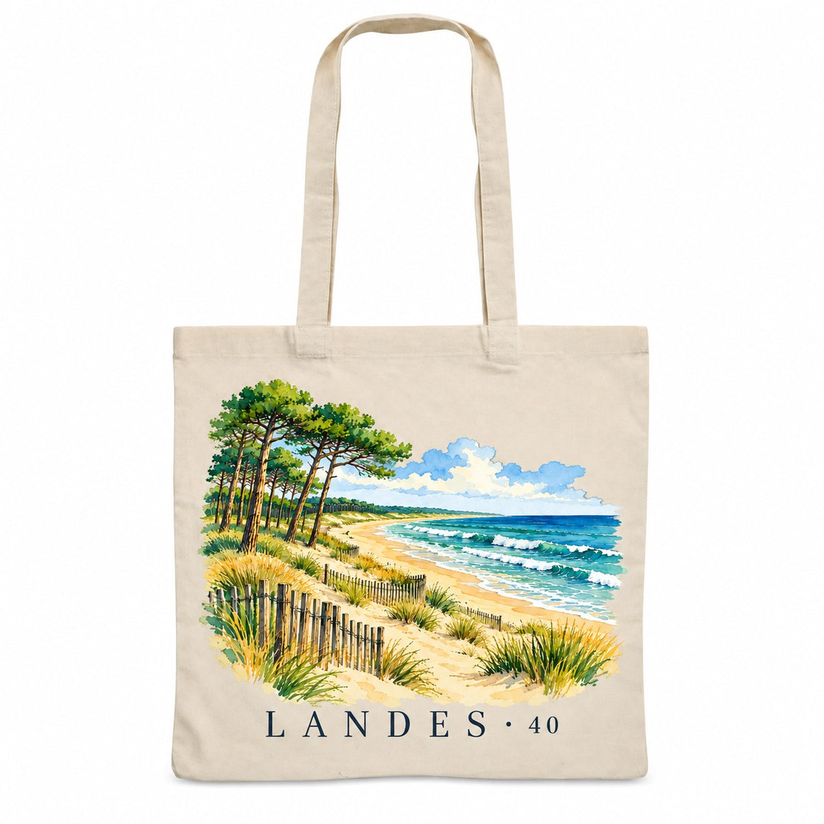 Tote bag Landes (40) Essentiel, sac plat en coton naturel 140 g/m² de 38 × 42 cm, illustration aquarelle de la forêt de pins, de la dune et des vagues de l'océan