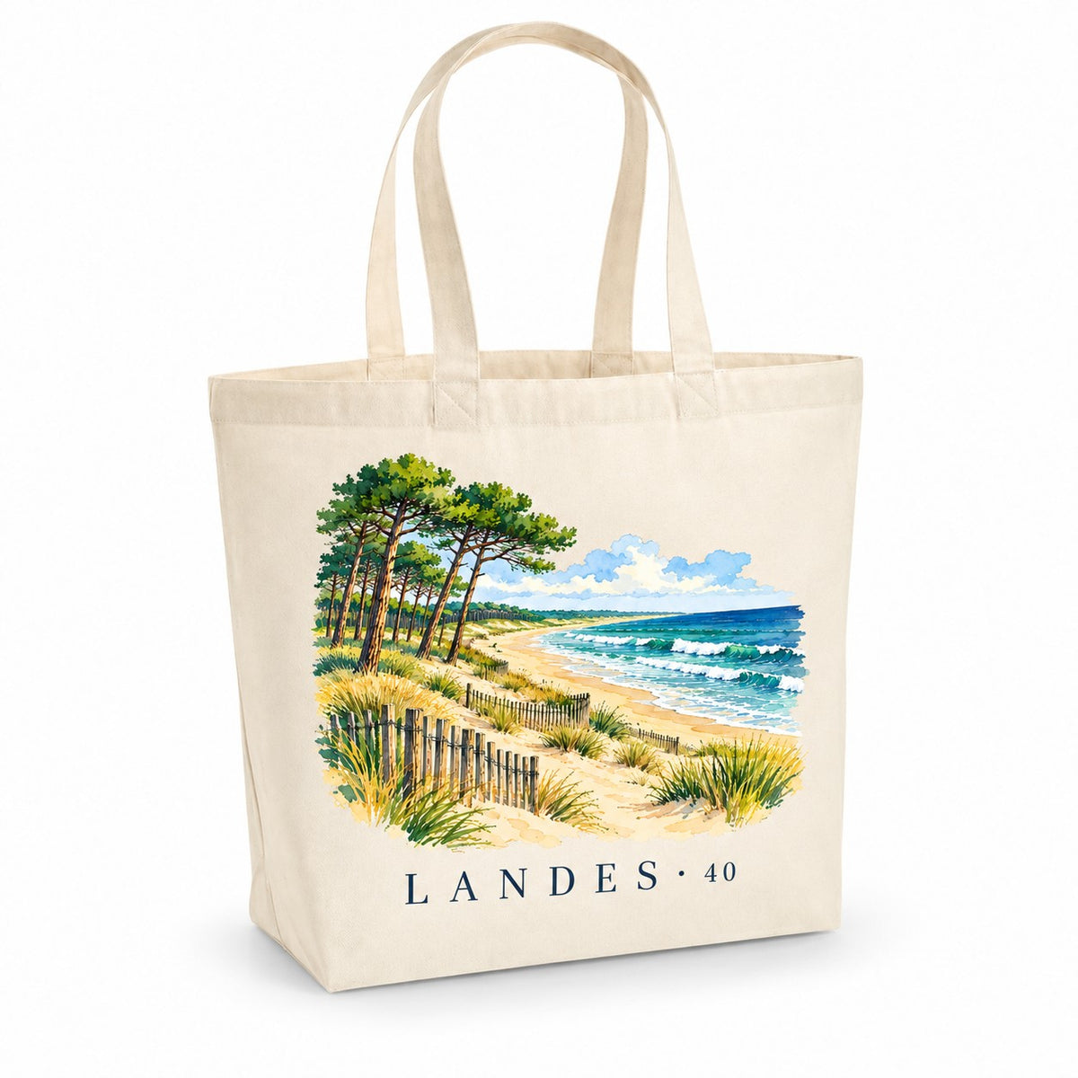 Tote bag Landes (40) Premium, cabas à soufflet en coton naturel 200 g/m² de 18 litres, illustration aquarelle de la forêt de pins, de la dune et des vagues de l'océan