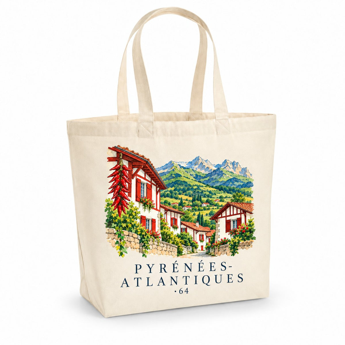 Tote bag Pyrénées-Atlantiques (64) Premium, cabas à soufflet en coton naturel 200 g/m² de 18 litres, illustration aquarelle des maisons basques aux volets rouges, des montagnes et des piments