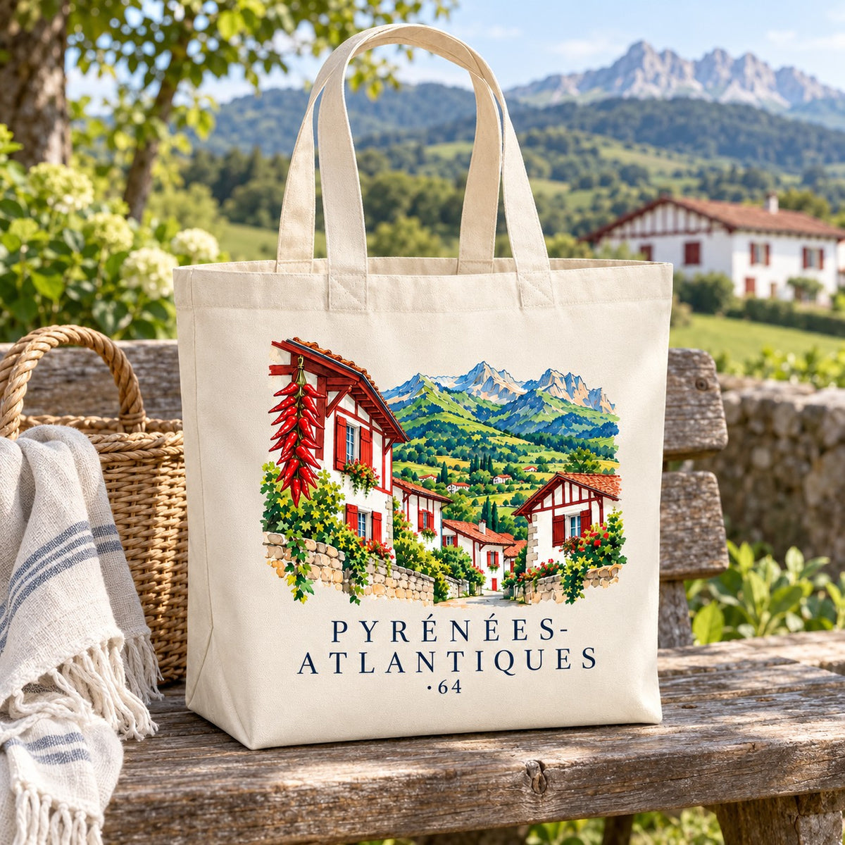 Tote bag Pyrénées-Atlantiques (64) Premium posé sur un banc face aux montagnes, avec un panier