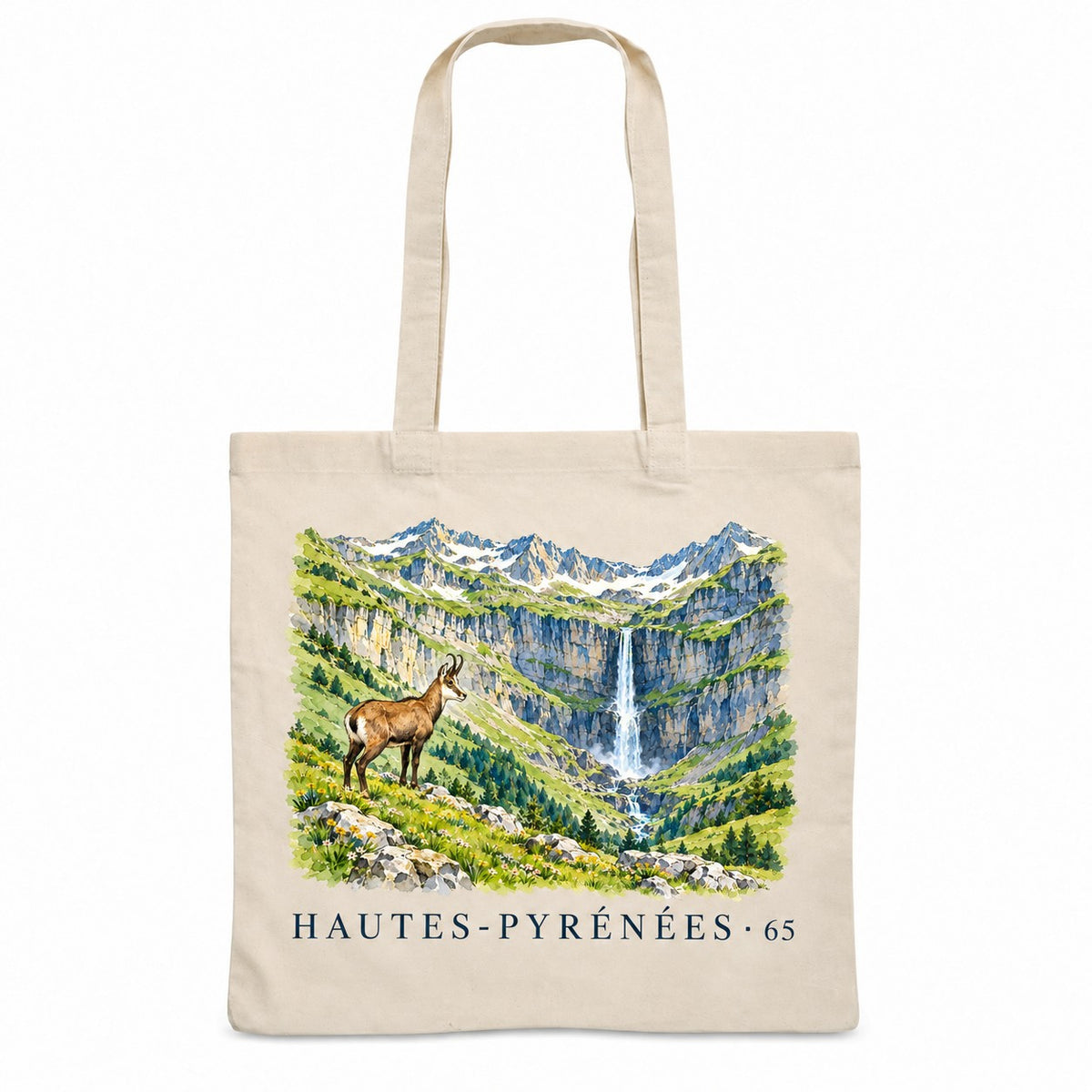Tote bag Hautes-Pyrénées (65) Essentiel, sac plat en coton naturel 140 g/m² de 38 × 42 cm, illustration aquarelle d'un cirque de montagne, d'une cascade et d'un isard