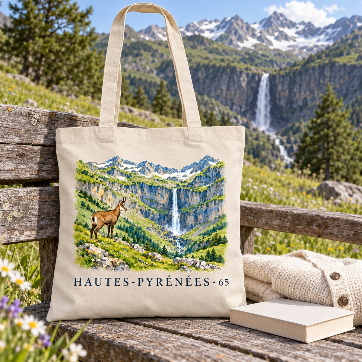 Tote bag Hautes-Pyrénées (65) Essentiel posé sur un banc face à la cascade, avec un livre et un pull