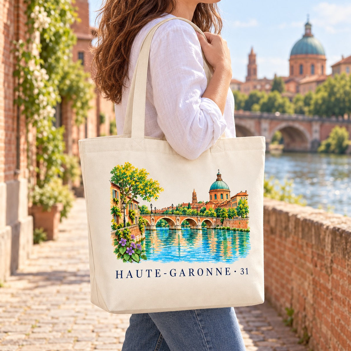 Tote bag Haute-Garonne (31) Premium porté à l'épaule sur un quai de la Garonne, dôme et pont en arrière-plan