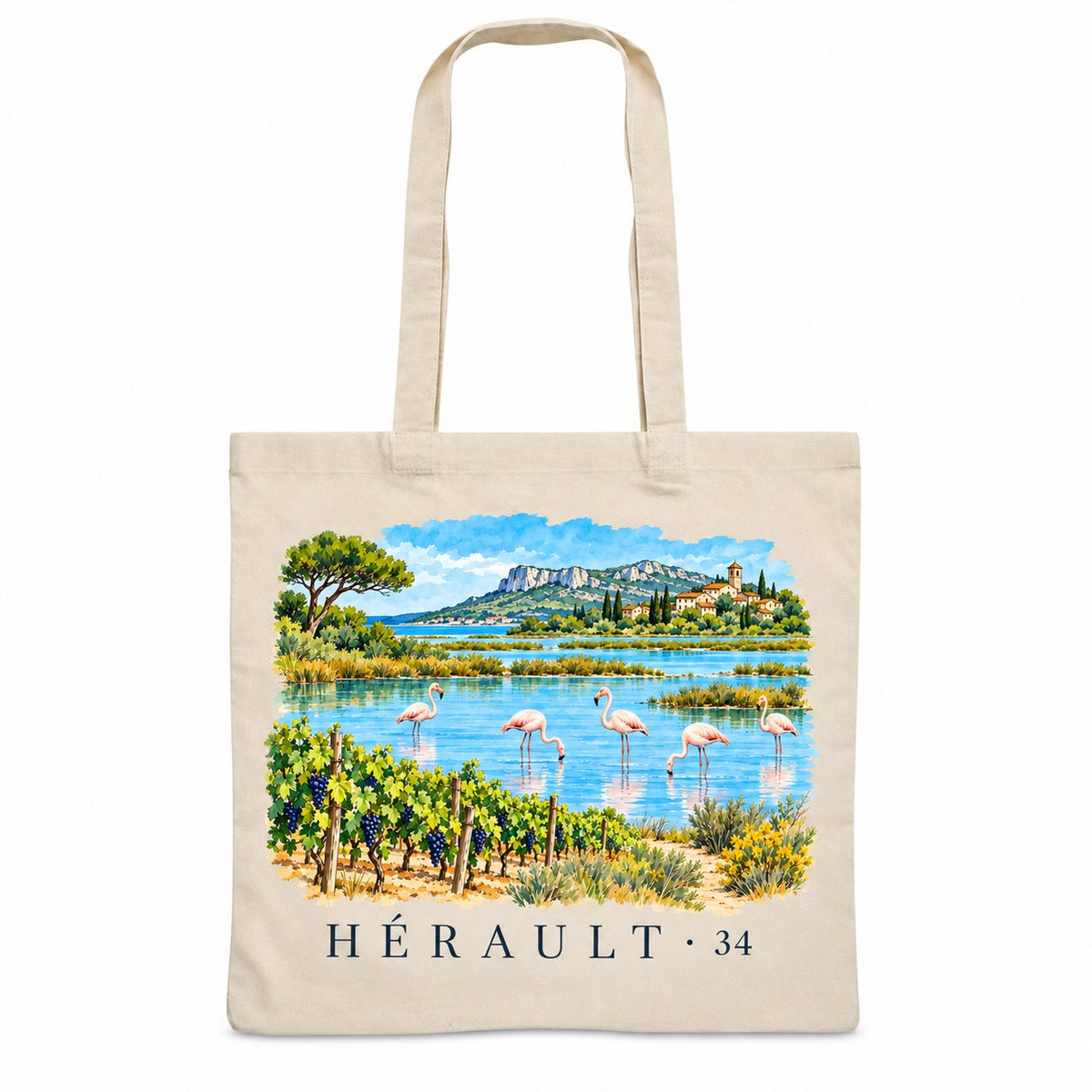 Tote bag Hérault (34) Essentiel, sac plat en coton naturel 140 g/m² de 38 × 42 cm, illustration aquarelle des étangs, des flamants roses et des vignes