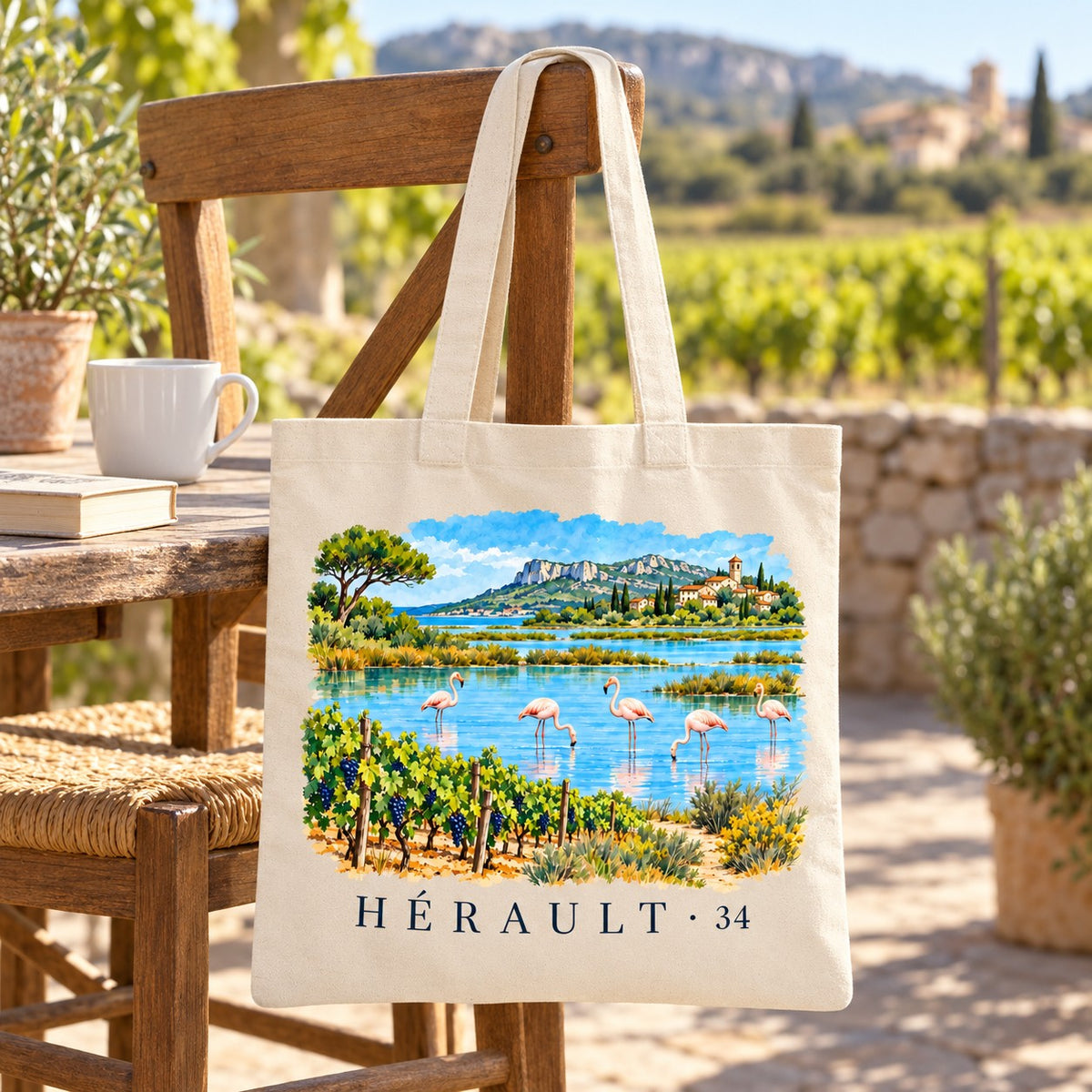 Tote bag Hérault (34) Essentiel suspendu à une chaise en terrasse face aux vignes, avec un café
