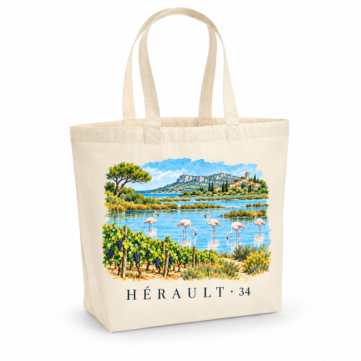 Tote bag Hérault (34) Premium, cabas à soufflet en coton naturel 200 g/m² de 18 litres, illustration aquarelle des étangs, des flamants roses et des vignes