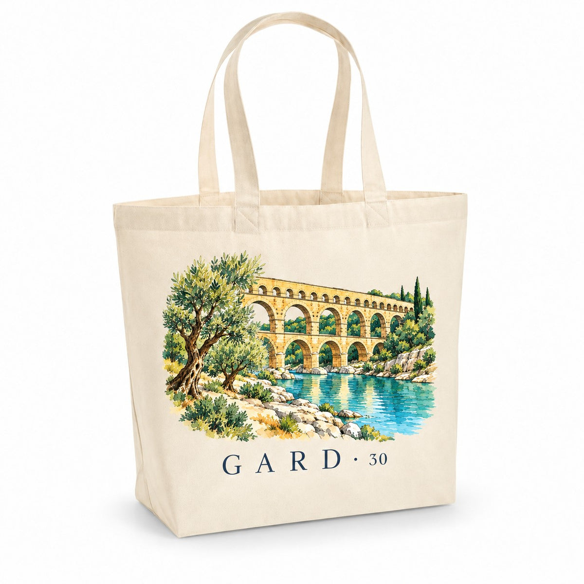 Tote bag Gard (30) Premium, cabas à soufflet en coton naturel 200 g/m² de 18 litres, illustration aquarelle de l'aqueduc romain sur la rivière et des oliviers