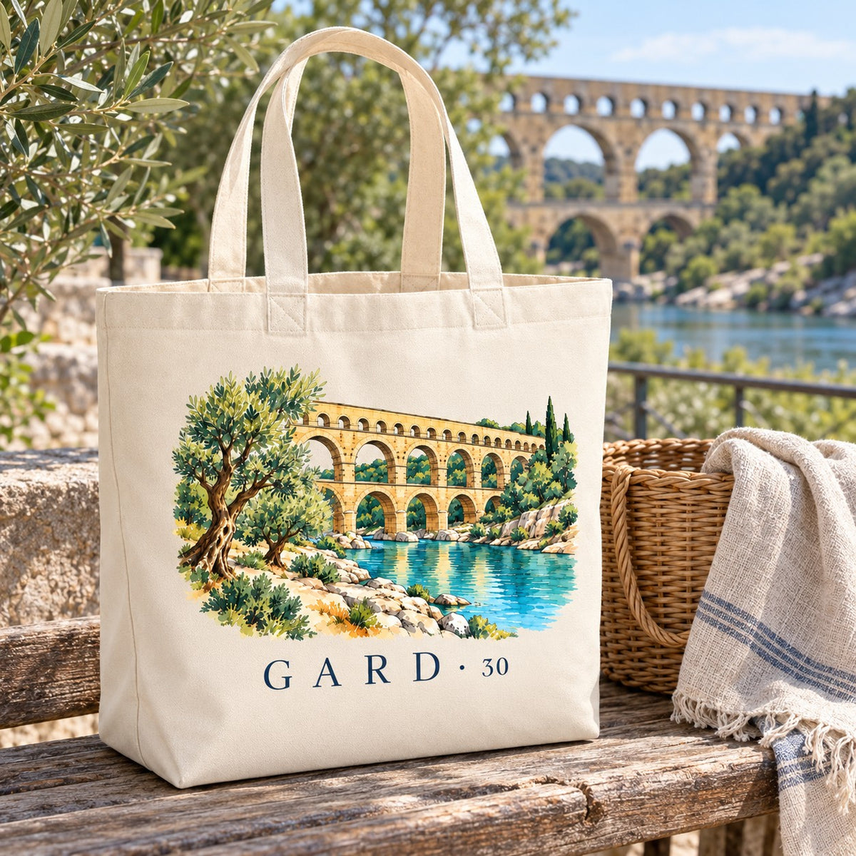 Tote bag Gard (30) Premium posé sur un banc face à l'aqueduc et à la rivière, avec un panier et un plaid