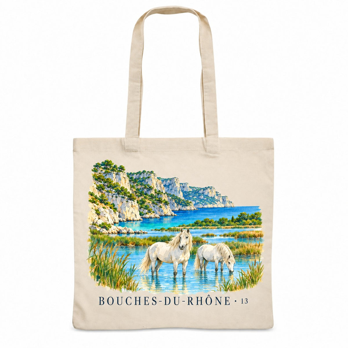 Tote bag Bouches-du-Rhône (13) Essentiel, sac plat en coton naturel 140 g/m² de 38 × 42 cm, illustration aquarelle des calanques, de la Camargue et des chevaux blancs