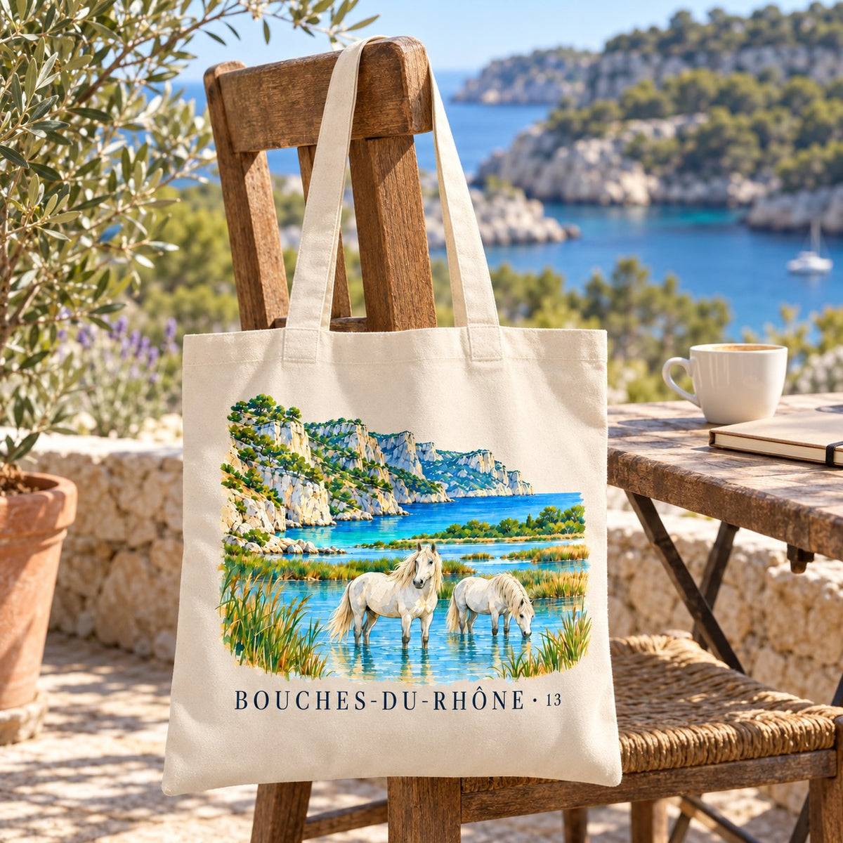Tote bag Bouches-du-Rhône (13) Essentiel suspendu à une chaise en terrasse face à une calanque, avec un café