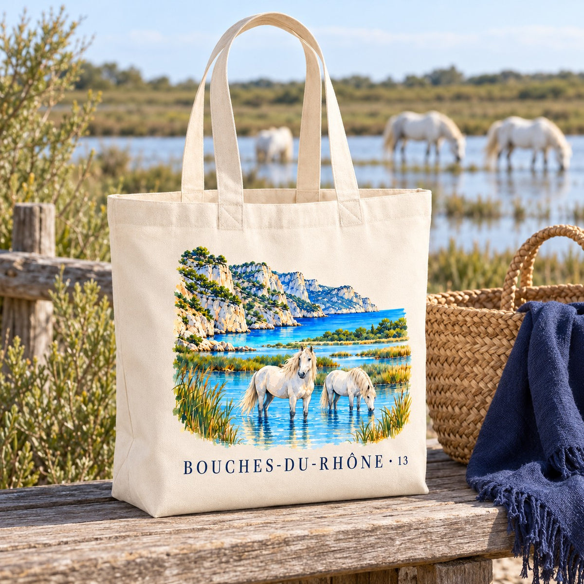 Tote bag Bouches-du-Rhône (13) Premium posé sur un banc face aux marais de Camargue et aux chevaux blancs, avec un panier et un plaid