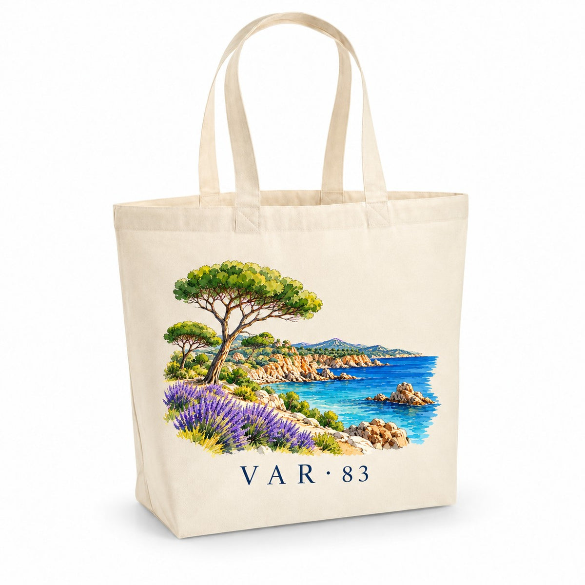 Tote bag Var (83) Premium, cabas à soufflet en coton naturel 200 g/m² de 18 litres, illustration aquarelle d'un pin parasol, de la lavande et des criques de la côte