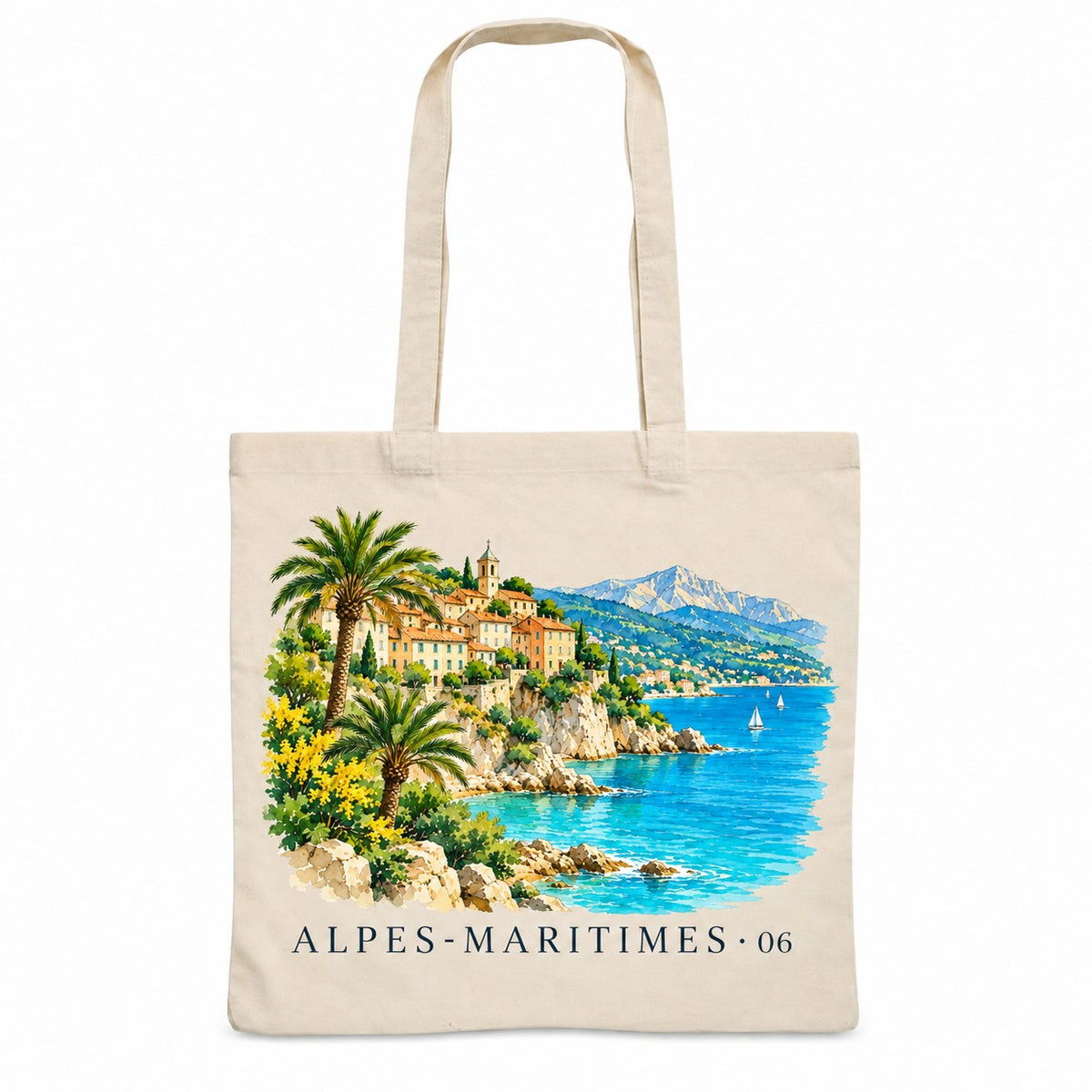 Tote bag Alpes-Maritimes (06) Essentiel, sac plat en coton naturel 140 g/m² de 38 × 42 cm, illustration aquarelle d'un village perché, des palmiers et de la mer turquoise