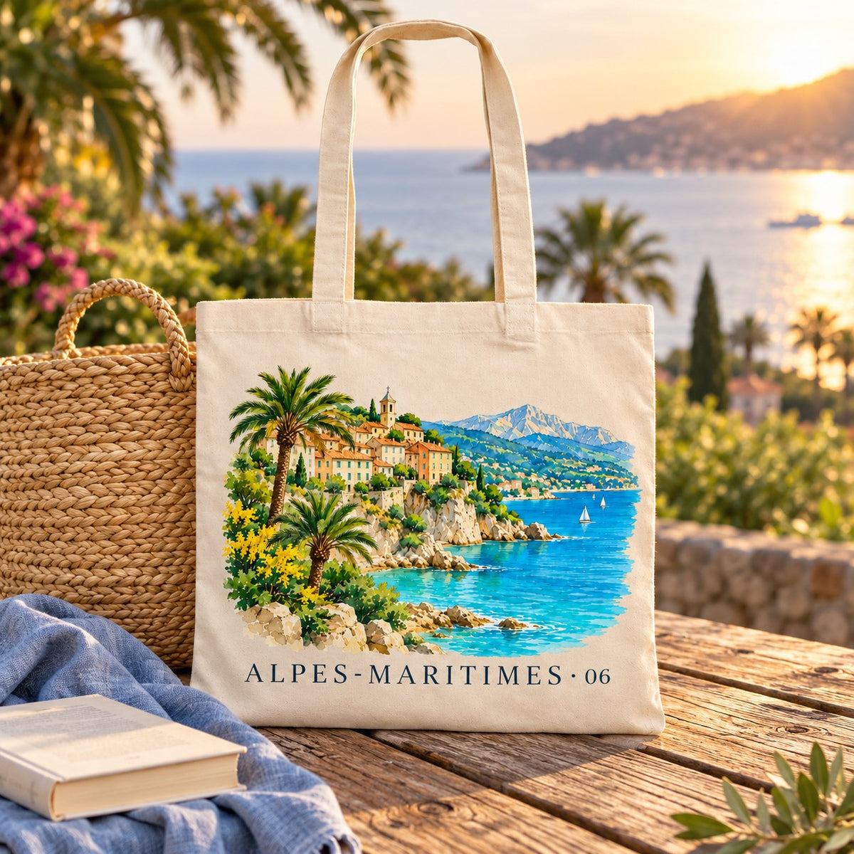 Tote bag Alpes-Maritimes (06) Essentiel posé sur une table face à la mer au coucher du soleil, avec un livre