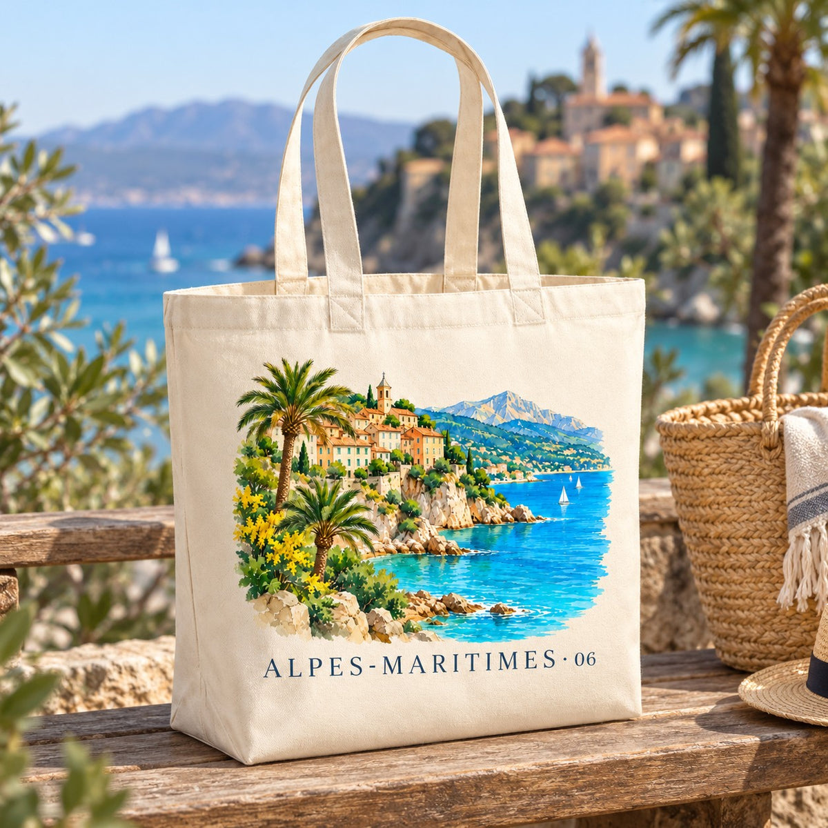 Tote bag Alpes-Maritimes (06) Premium posé sur un banc face à la mer, avec un panier