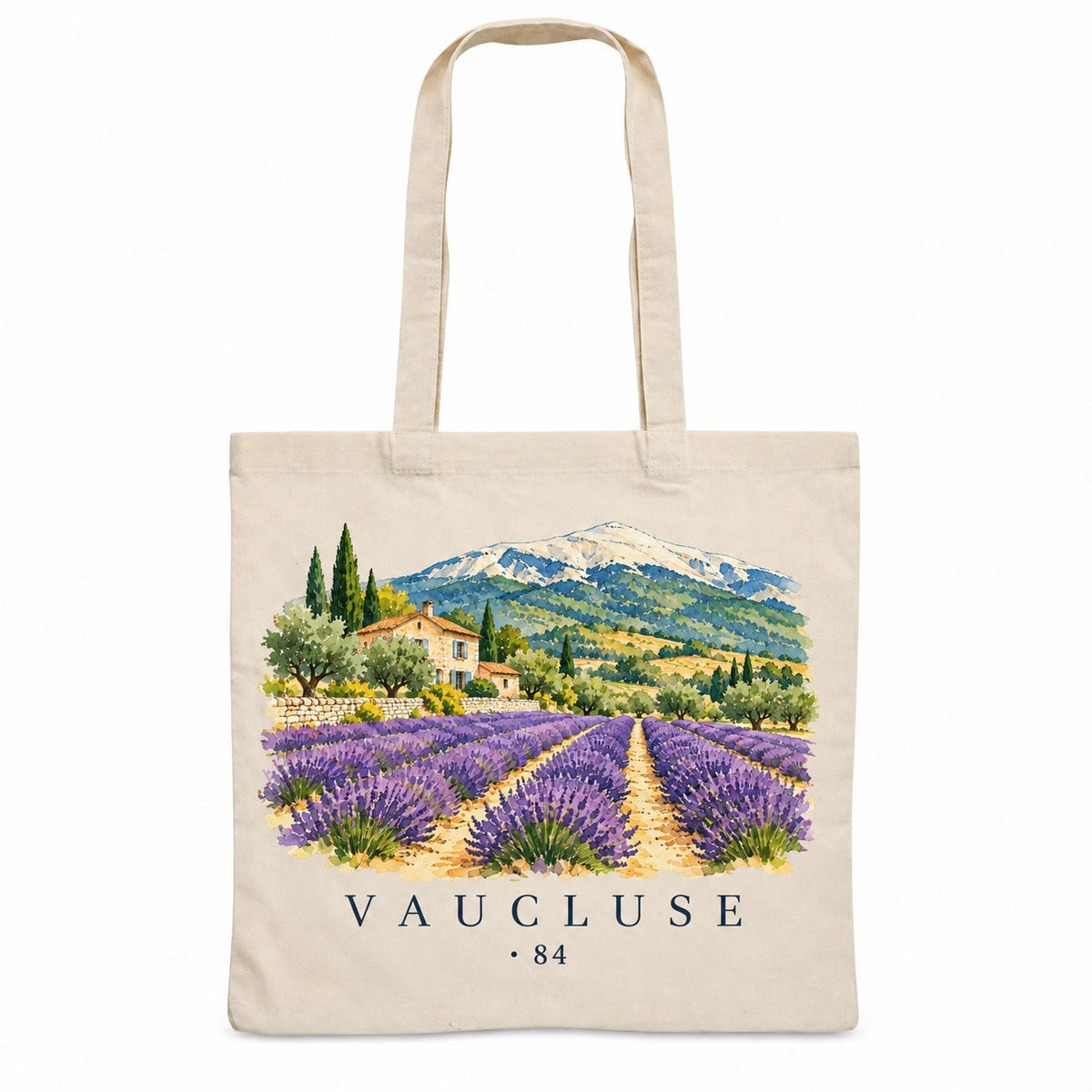 Tote bag Vaucluse (84) Essentiel, sac plat en coton naturel 140 g/m² de 38 × 42 cm, illustration aquarelle des champs de lavande, d'un mas de pierre et du mont Ventoux