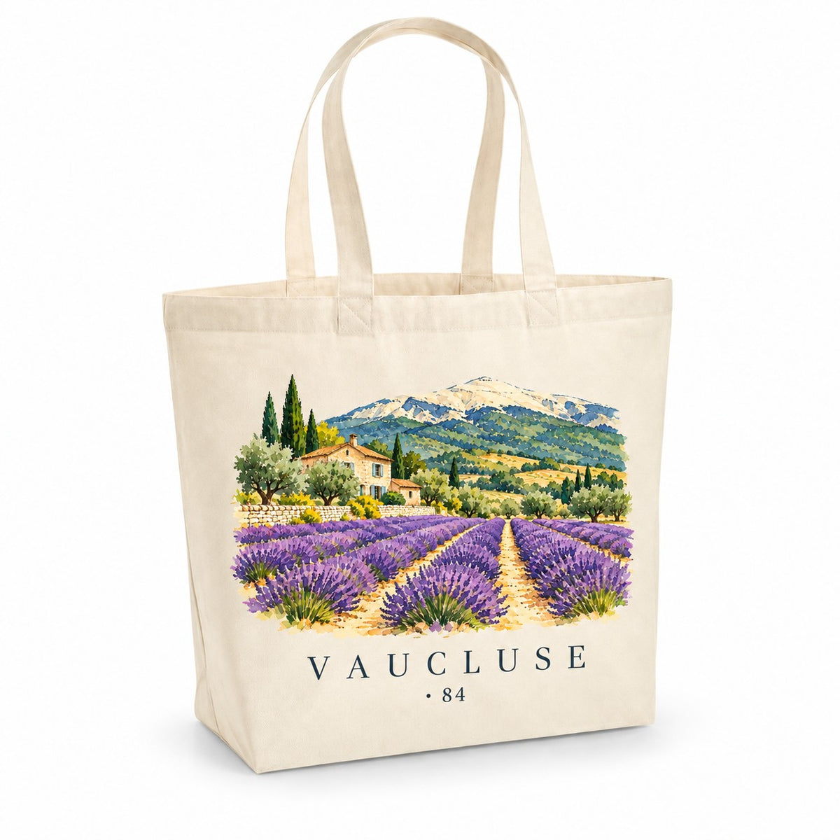 Tote bag Vaucluse (84) Premium, cabas à soufflet en coton naturel 200 g/m² de 18 litres, illustration aquarelle des champs de lavande, d'un mas de pierre et du mont Ventoux