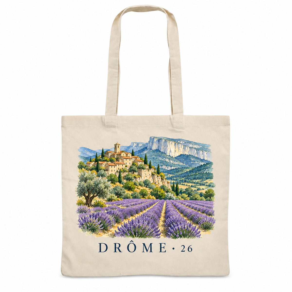 Tote bag Drôme (26) Essentiel, sac plat en coton naturel 140 g/m² de 38 × 42 cm, illustration aquarelle d'un village perché, des champs de lavande et des falaises calcaires
