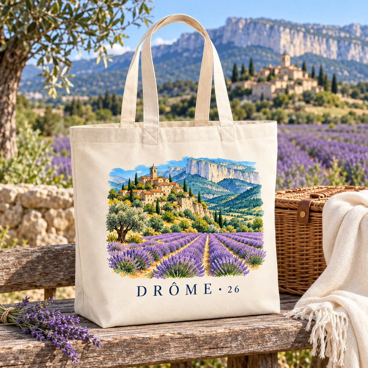 Tote bag Drôme (26) Premium posé sur un banc de bois, avec un panier, un plaid et des brins de lavande