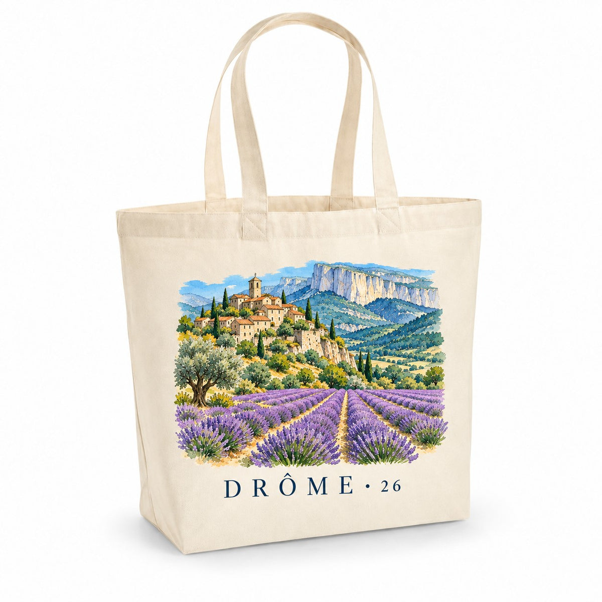 Tote bag Drôme (26) Premium, cabas à soufflet en coton naturel 200 g/m² de 18 litres, illustration aquarelle d'un village perché, des champs de lavande et des falaises calcaires