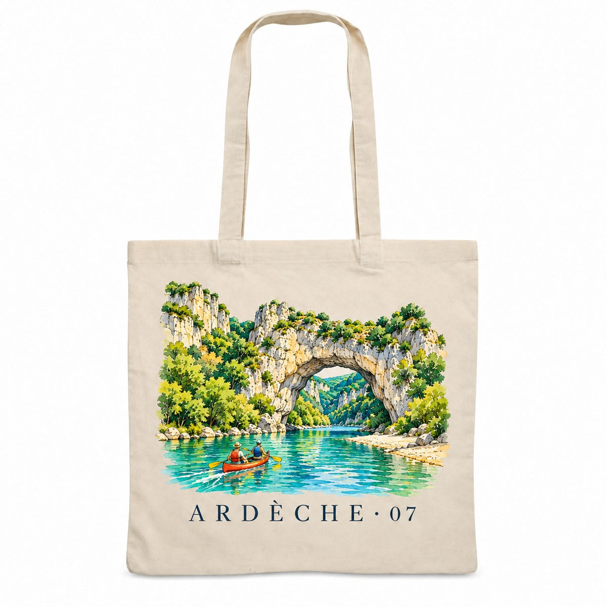 Tote bag Ardèche (07) Essentiel, sac plat en coton naturel 140 g/m² de 38 × 42 cm, illustration aquarelle de l'arche naturelle du Pont d'Arc, des gorges et d'un canoë