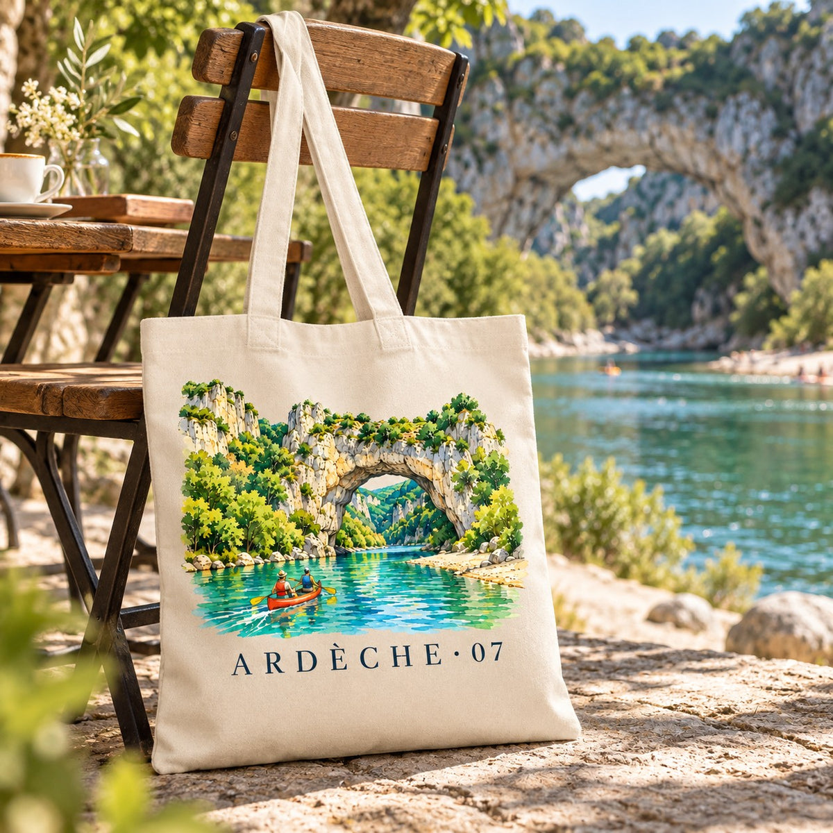 Tote bag Ardèche (07) Essentiel suspendu à une chaise en terrasse face à la rivière et au Pont d'Arc