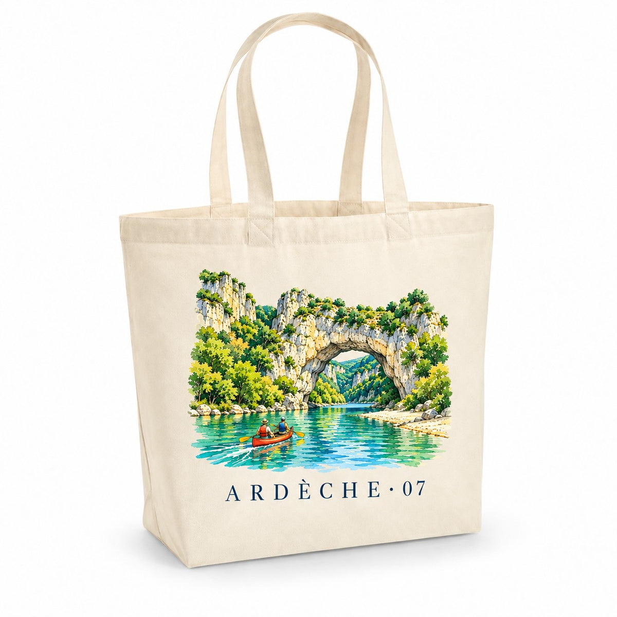 Tote bag Ardèche (07) Premium, cabas à soufflet en coton naturel 200 g/m² de 18 litres, illustration aquarelle de l'arche naturelle du Pont d'Arc, des gorges et d'un canoë