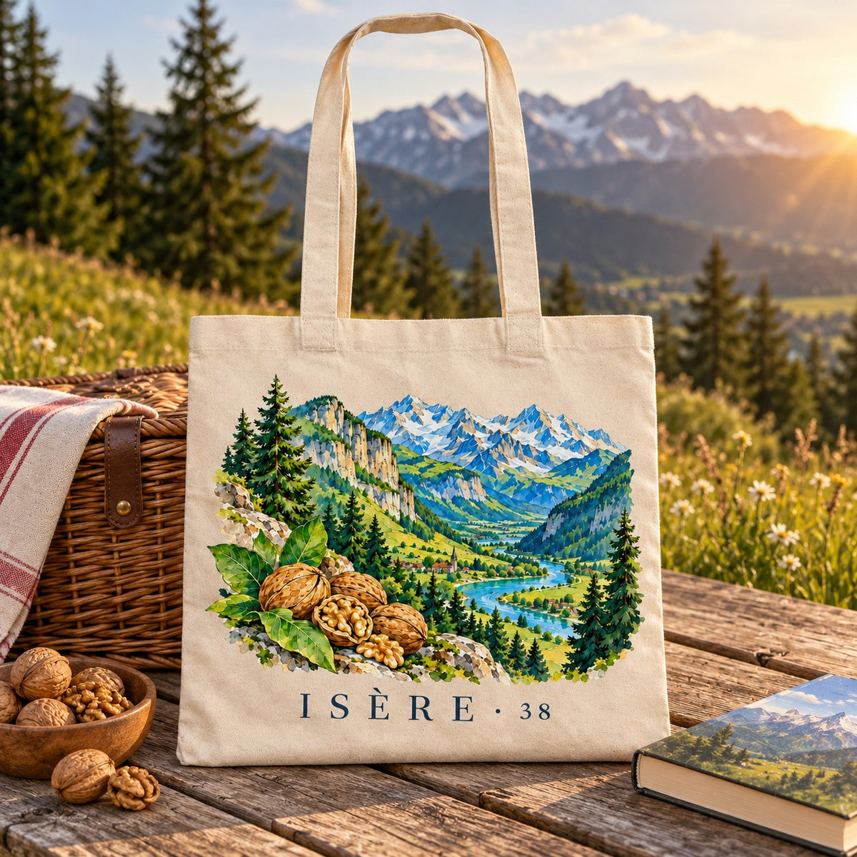 Tote bag Isère (38) Essentiel posé sur une table de pique-nique face aux sommets au coucher du soleil, avec des noix