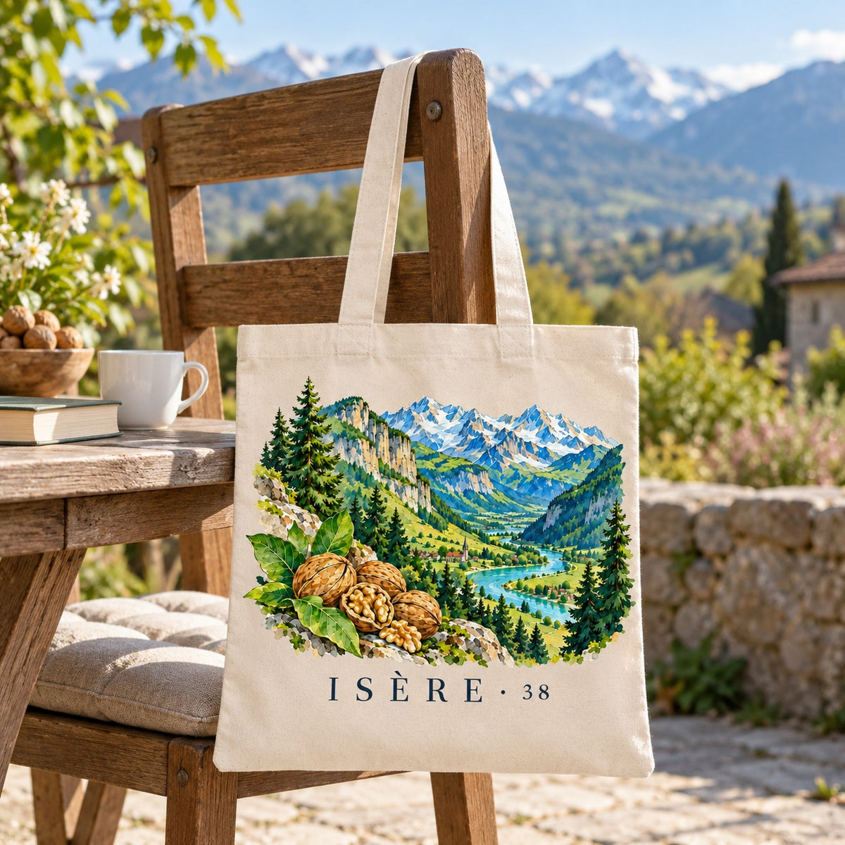Tote bag Isère (38) Essentiel suspendu à une chaise en terrasse face aux montagnes, avec un café et des noix