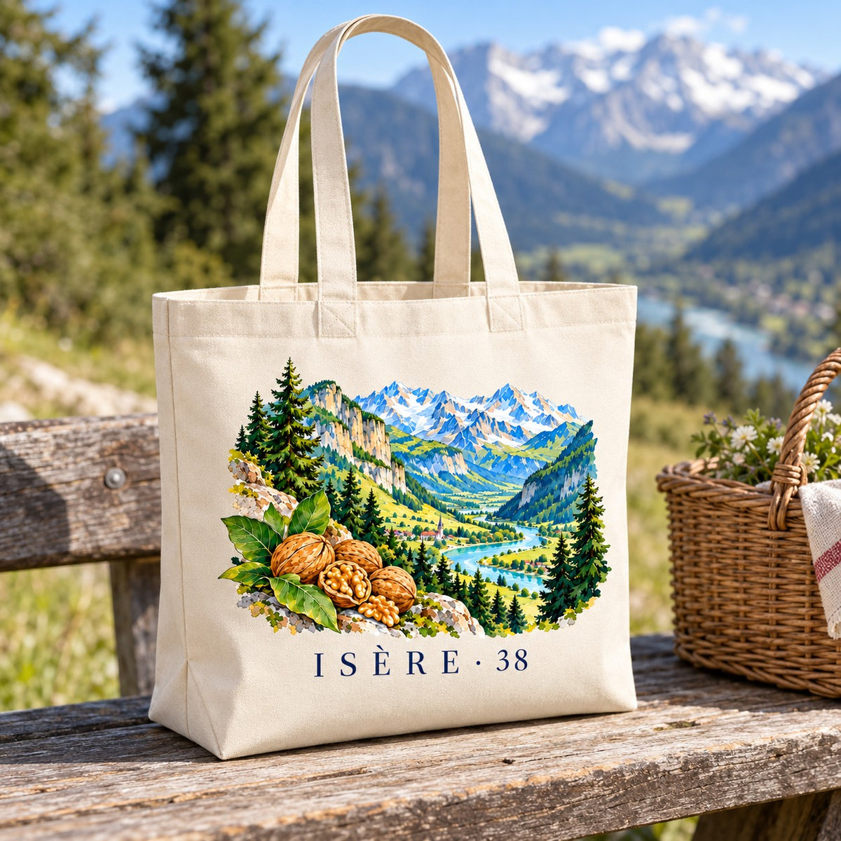 Tote bag Isère (38) Premium posé sur un banc face à la vallée, avec un panier