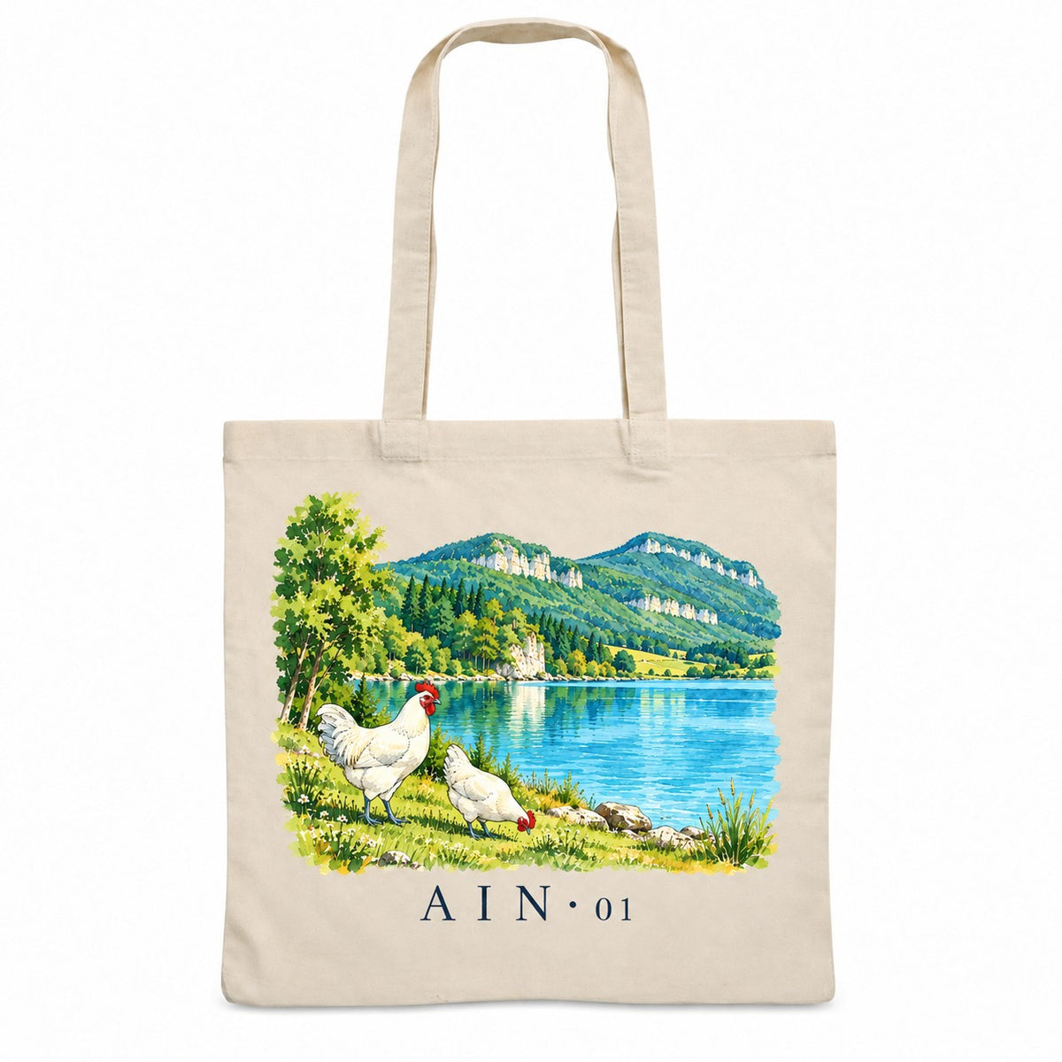 Tote bag Ain (01) Essentiel, sac plat en coton naturel 140 g/m² de 38 × 42 cm, illustration aquarelle d'un lac, des montagnes du Jura et de volailles de Bresse