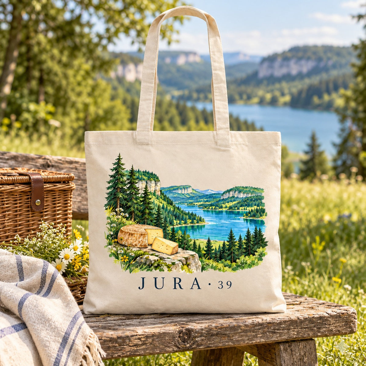 Tote bag Jura (39) Essentiel posé sur un banc face au lac, avec un panier et un plaid