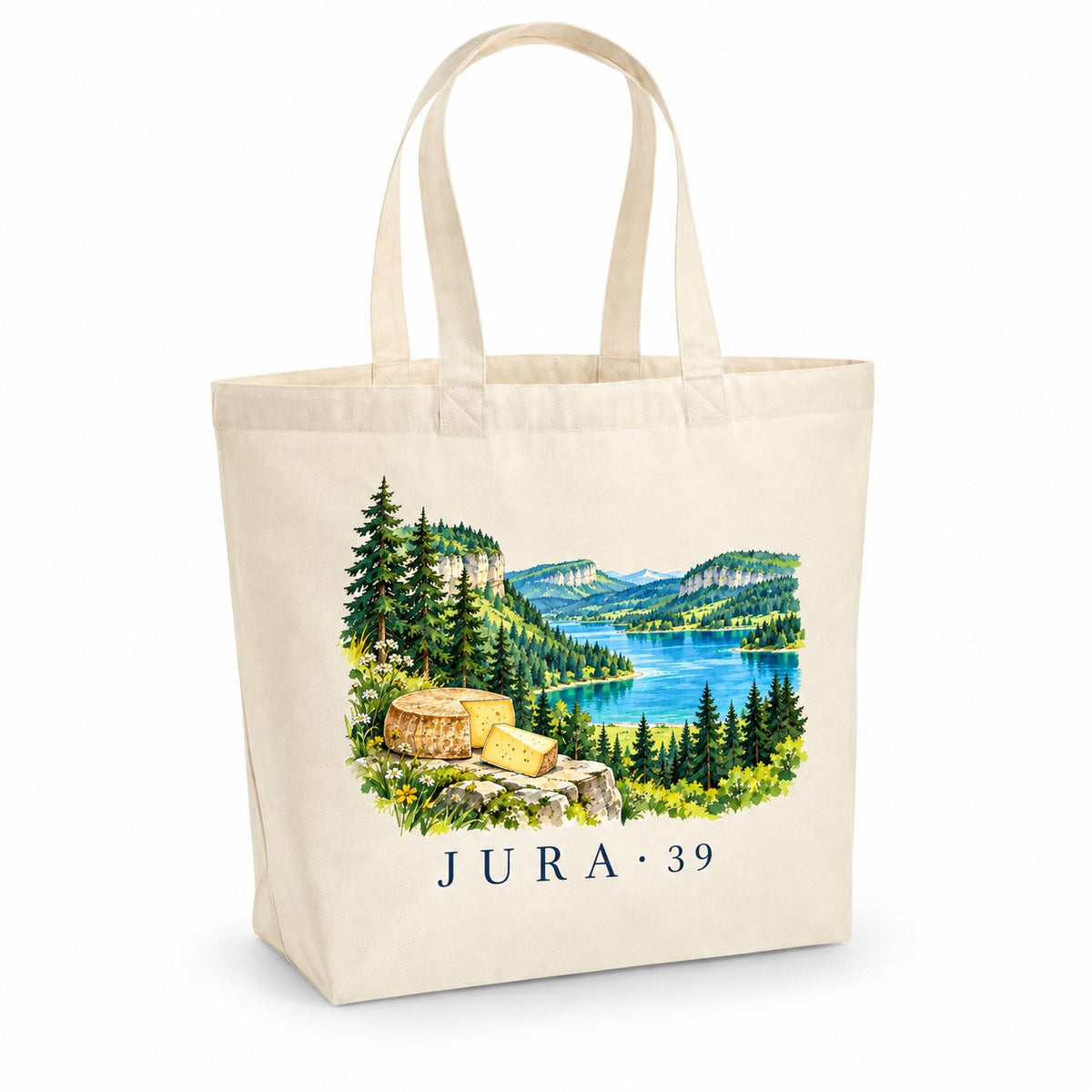Tote bag Jura (39) Premium, cabas à soufflet en coton naturel 200 g/m² de 18 litres, illustration aquarelle d'un lac, des forêts de sapins et d'une meule de fromage