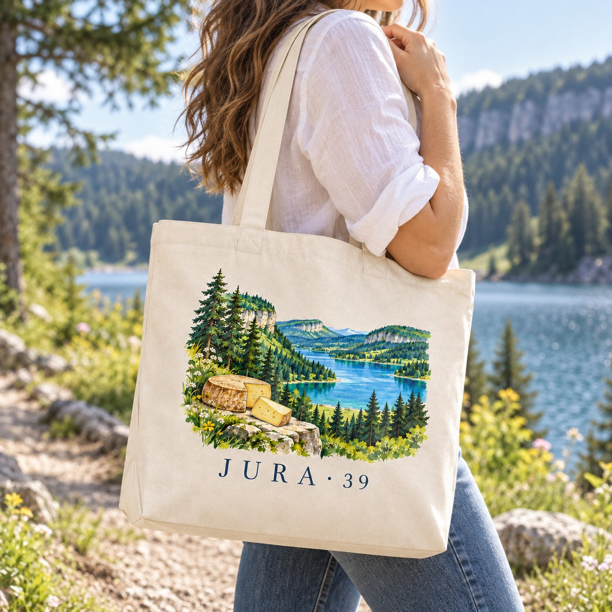 Tote bag Jura (39) Premium porté à l'épaule sur un sentier au-dessus d'un lac entouré de forêts
