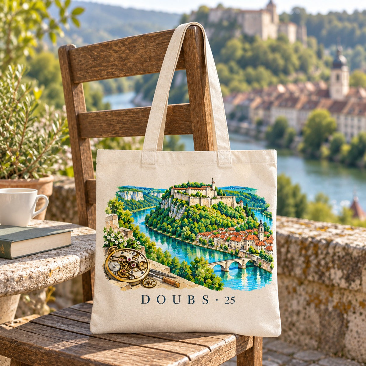 Tote bag Doubs (25) Essentiel suspendu à une chaise en terrasse face à la rivière et à la vieille ville